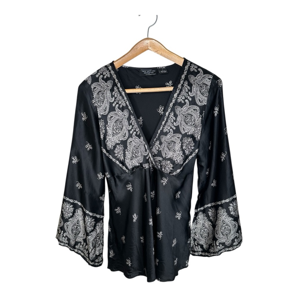 Y2K Silk Paisley Bell Sleeve Top Size Large Whimsygoth Fairy Grunge Black